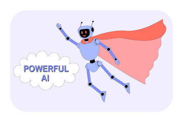 Powerful AI concept. Flying robot. Artificial intelligence. Cyberg superhero. Humanoid cartoon mascot. Super hero cloak. Business achievement, success. Machine learning. AI chatbot. Powered by AI