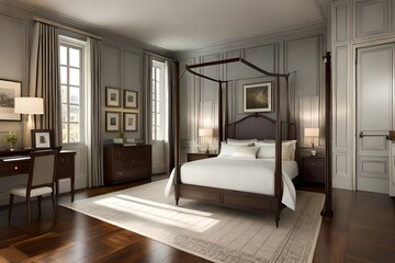 Obraz premium a picturesque Colonial Revival bedroom, emphasizing the graceful simplicity of a four-poster bed and delicate lace curtains