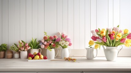 Scandinavian style kitchen with white wooden background showcasing a bright spring bouquet.