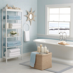 Coastal Bathroom: Using light blues, sandy tones, and beachy accessories, this style brings the calm and freshness of the coast indoors. AI Generated