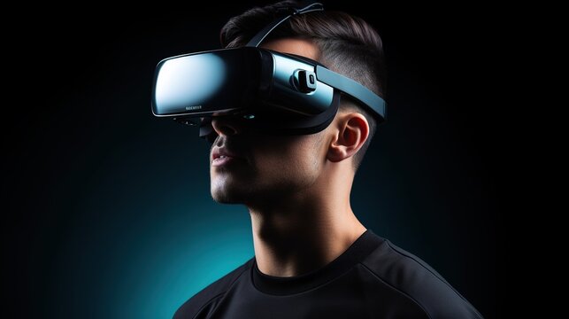 A man is wearing a virtual reality headset. Studio portrait isolated on gray background. VR, gadgets, technology, online education, learning, video game. generative ai
