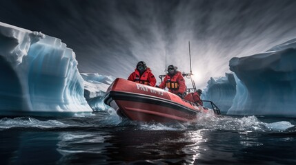 Fototapeta premium group of scientists on a research expedition in Antarctica. Target Audience: Scientific journals, educational materials, travel magazines, and environmental organizations.