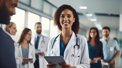 smiling doctor holds a computer tablet. Standing female healthcare professional holding test results with colleagues in the backdrop. generative ai - obrazy, fototapety, plakaty