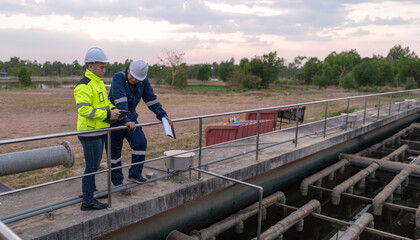 Environmental engineers work at wastewater treatment plants,Water supply engineering working at Water recycling plant for reuse,Technicians and engineers discuss work together.