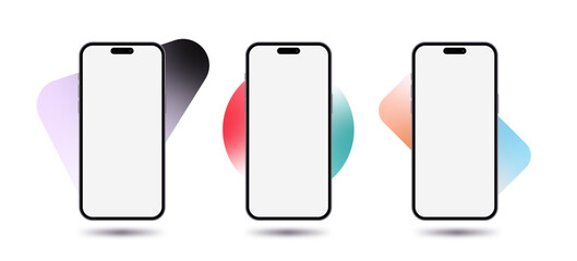 Realistic smartphone vector mockup. 3 different background design elements with changeable gradient colors. Template for UI/UX presentation.