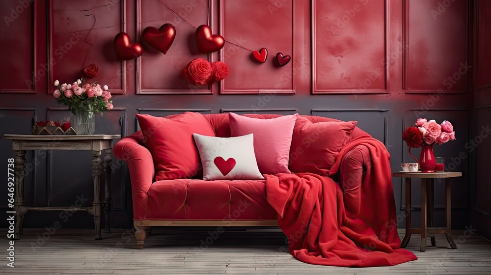 Canvas Prints Valentines Day themed interior with red sofa and home decor.