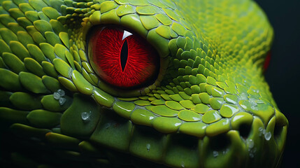 close up of a green snake with red eyes