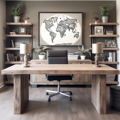 Rustic Chic Home Office: Combining rustic elements like reclaimed wood with modern office essentials for a stylish yet functional workspace. AI Generated