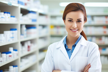 Fototapeta na wymiar Smiling Female Pharmacist in a Welcoming Pharmacy Setting