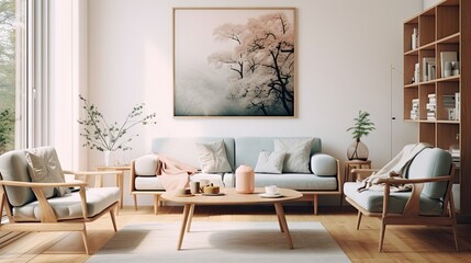 Fototapeta premium Modern interior living room with a Scandinavian vibe, featuring a illustration of a poster frame.