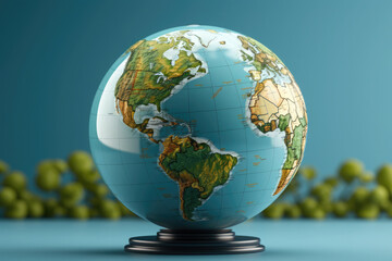 Globe on a blue background. Earth map 3D. Concept of protecting and saving the earth and environment. Ecosystem