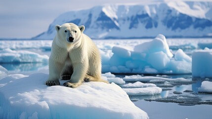 struggle of a magnificent polar bear as it stands on a dwindling iceberg, surrounded by rapidly melting ice.