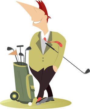 Smiling golfer on the golf court. 
Golfer man with a golf bag full of balls holding a golf club
