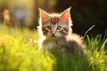 Naklejka na ściany i meble black-white cat sits in the green grass