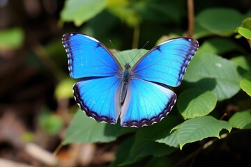 blue butterfly on a green leaf outside