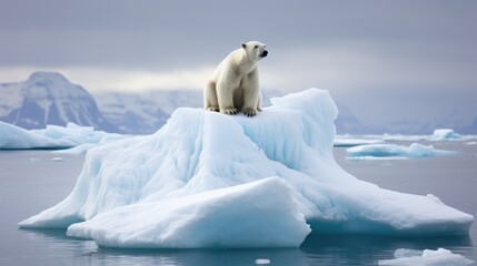 struggle of a magnificent polar bear as it stands on a dwindling iceberg, surrounded by rapidly melting ice.