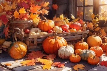 Naklejka na ściany i meble Watercolor landscape of pumpkin field house farm autumn harvest season