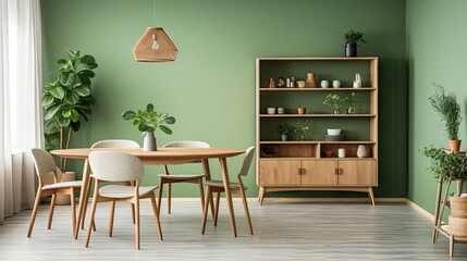 a Scandinavian dining room with wooden furniture and plants on a green background.