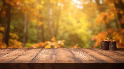 Naklejka na ściany i meble The empty rustic wooden table for product display with blur background of autumn forest. Generative AI image AIG30.