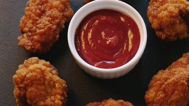 Fried chicken strips with ketchup on a black background. Rotating video