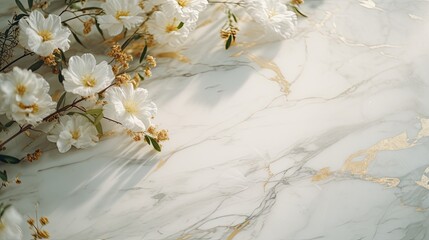 Cinematic glimpse of gold florals dancing across a canvas of white marble. Beautiful wedding design.