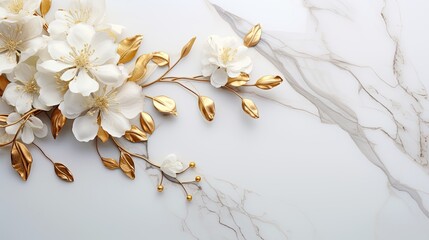 Top perspective of white marble graced with a burst of gold floral motifs. Wedding card, jewellery glamor design. 