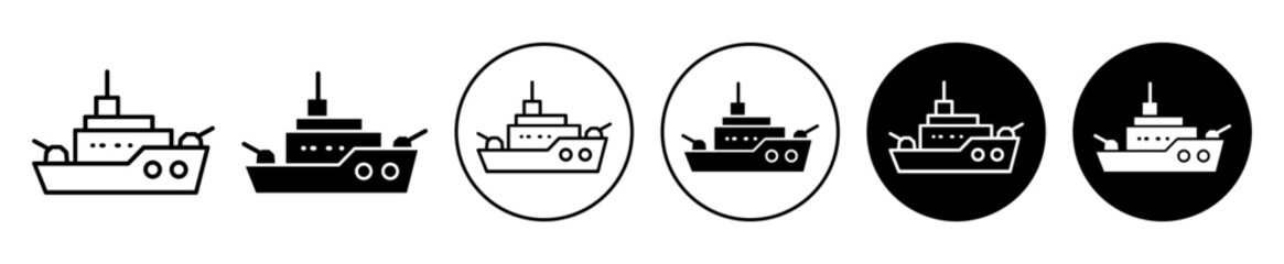 warship icon. Battleship with armed force symbol. Marine boat with navy weapon for war vector. Coast guard defense ship of naval army sign.