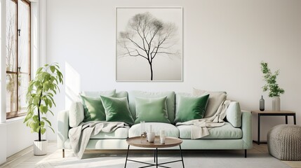 Scandinavian interior design featuring a soft green sofa in a white living room.