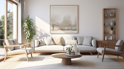 Render of a modern living room with a Scandinavian style frame.