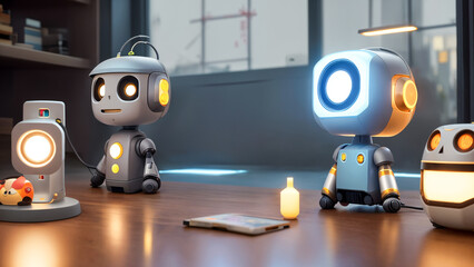 Home kind robots toys.Digital creative designer art drawing.AI illustration