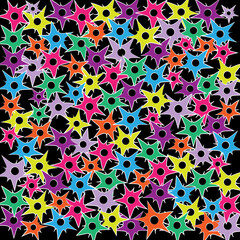 Fondo geométrico abstracto con colores alegres sobre negro.