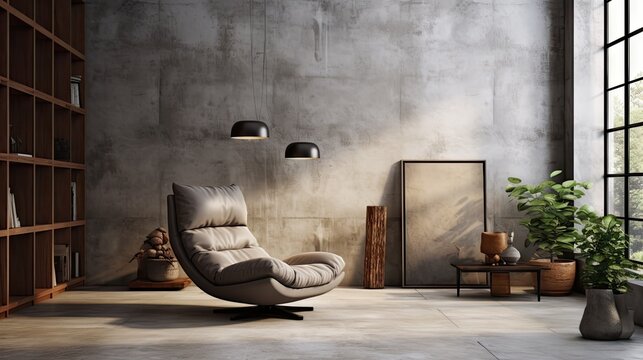 a loft style living room with armchair against a concrete wall.
