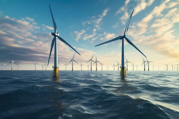 Floating wind turbines installed in sea. - obrazy, fototapety, plakaty