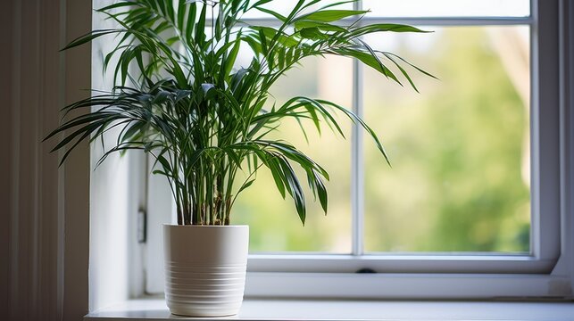 White pot with bamboo palm/reed palm on windowsill.