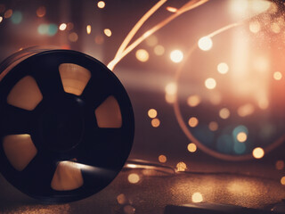 Nostalgic Cinema: Vintage Film Reels Amid Bokeh Background - Capturing the Essence of Old-Time Cinematic Beauty and Entertainment