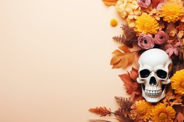 Happy Halloween holiday spooky scary background with decoration skull and flowers, Haloween event invitation poster card backdrop, trick or treat santa muerte fall party. Flat lay.