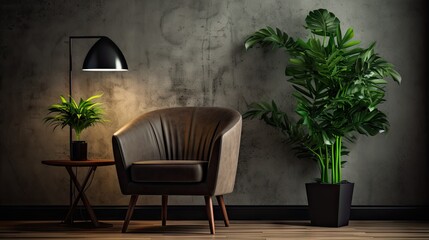 Contemporary interior design with plant, lamp, and chair.