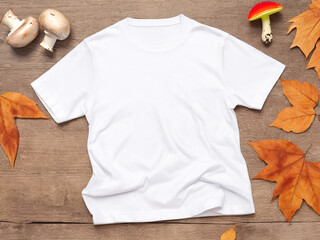 "Nature's Tranquility: White Women's Cotton T-Shirt Mockup with Mushrooms and Fallen Leaves on White Wooden Background - Design Template for Print Presentation and Mock-Up, Top View Flat Lay"