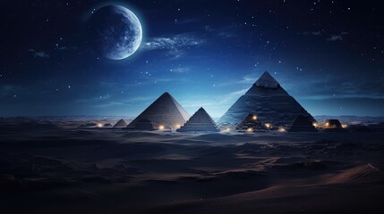 Pyramids of Giza illuminated by the moonlight and city lights in the background, casting a magical glow on these ancient wonders capture the timeless mystique of Egypt at night. - obrazy, fototapety, plakaty