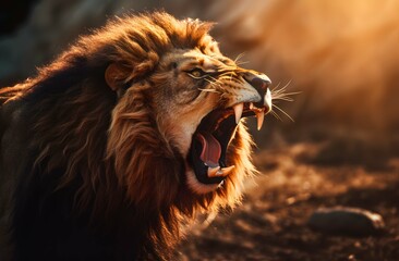 Angry roaring lion ready to attack, Close-up roaring lion, Lion of Judah, king lion, exuding strength and power, Generative AI. - obrazy, fototapety, plakaty