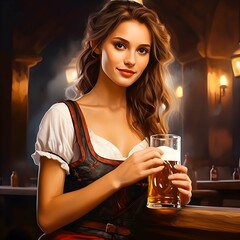 A young girl holds a beer in her hands in a pub., Oktoberfest concept, Generative Ai.