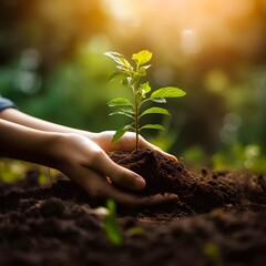 A person holding a plant in the dirt. Planting trees for green sustainable future, Person planting tree, plant in hands, Generative AI.