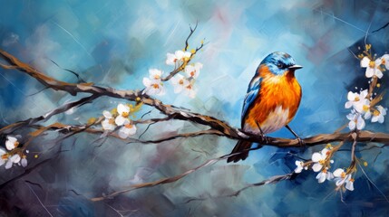 A beautiful bird perched on a branch in a vibrant painting