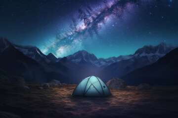 Fototapeta na wymiar 5 Billion Star Hotel. Camping in the mountains under the starry night sky. Night landscape of camping ground. A tent glows under a night sky full of stars. Generative AI