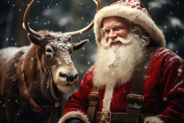 Photo of Santa Claus and reindeer enjoying the snowy winter together created with Generative AI technology