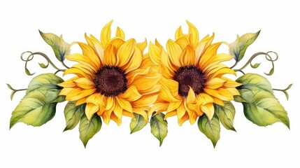 Watercolor yellow sunflowers on white space for wedding invitation ornament.