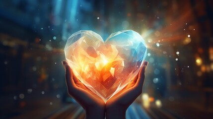 A person holding a crystal heart in their hands - obrazy, fototapety, plakaty