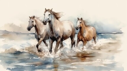 Image generated by AI. Beautiful watercolor painting of horses running along the sea coast