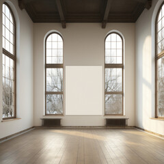 Modern Living Room Interior with Natural Light and Wood Flooring, Empty Canvas Print on Wall.