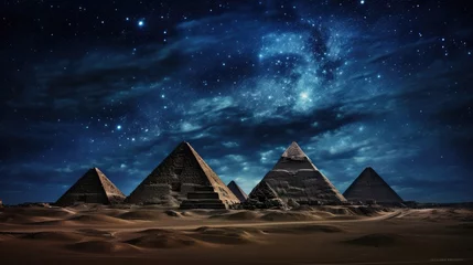 Foto op Canvas Pyramids of Giza illuminated by the moonlight and city lights in the background, casting a magical glow on these ancient wonders capture the timeless mystique of Egypt at night. © pvl0707